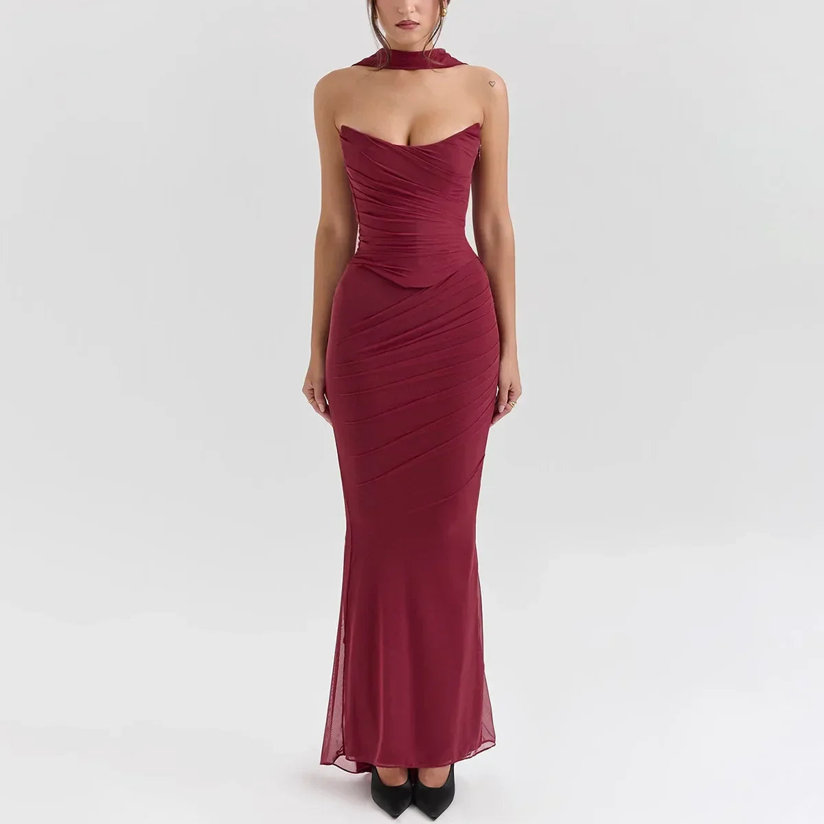 Strapless Crop Top, Maxi Skirt and Scarf Three Piece Set