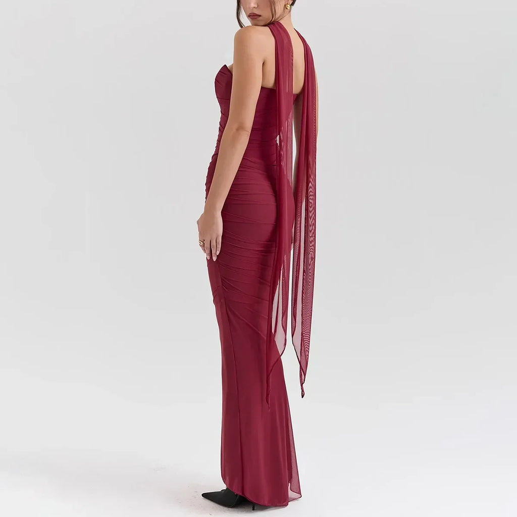 Strapless Crop Top, Maxi Skirt and Scarf Three Piece Set