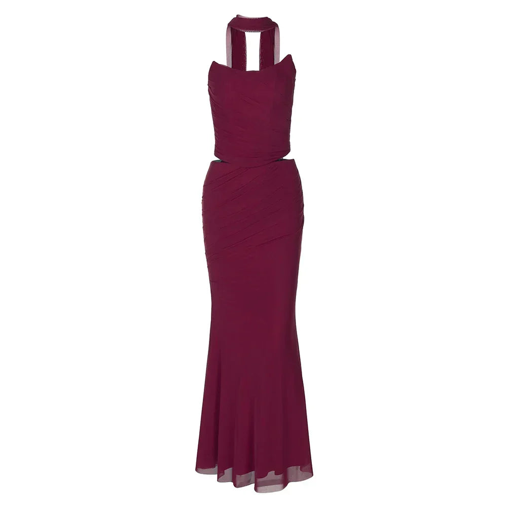 Strapless Crop Top, Maxi Skirt and Scarf Three Piece Set