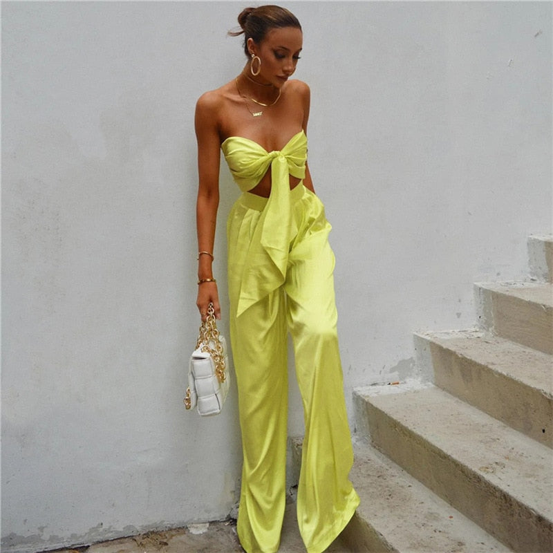 Strapless Tie Front Crop Top and Wide Leg Pants Set