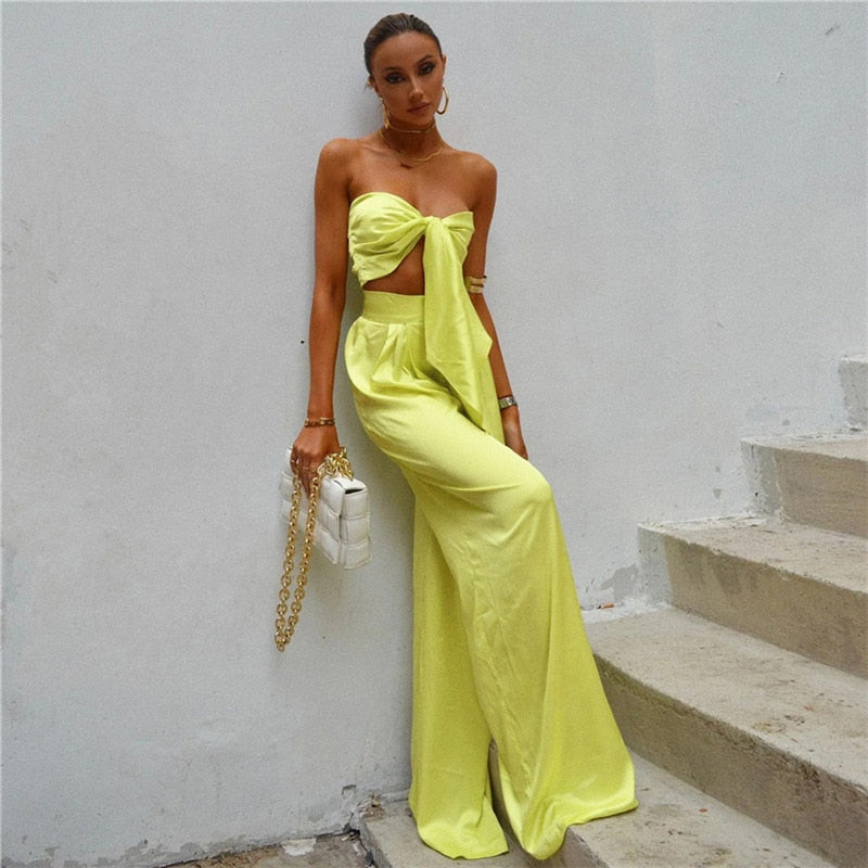 Strapless Tie Front Crop Top and Wide Leg Pants Set
