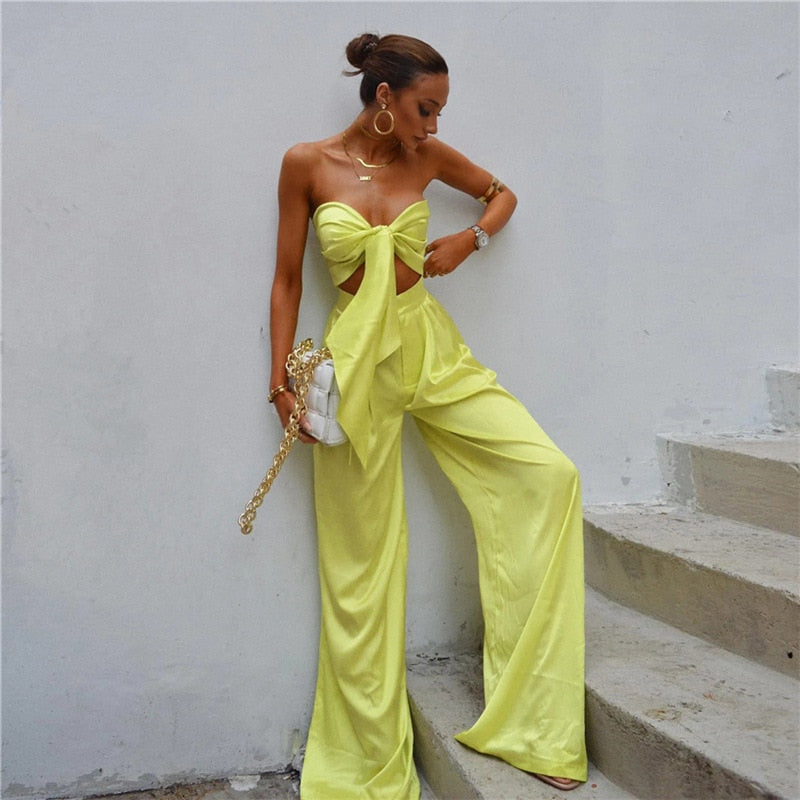 Strapless Tie Front Crop Top and Wide Leg Pants Set