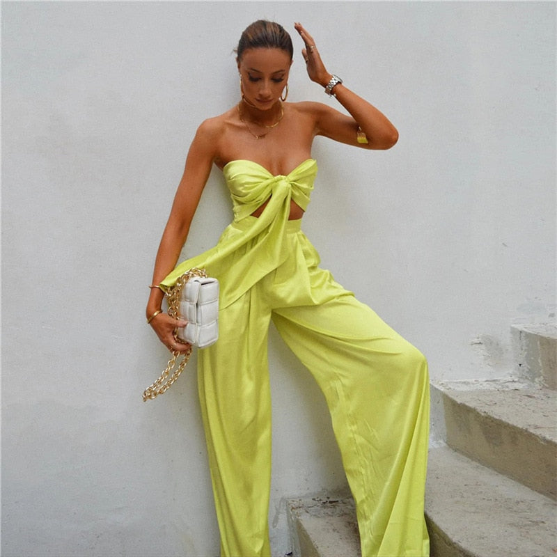 Strapless Tie Front Crop Top and Wide Leg Pants Set