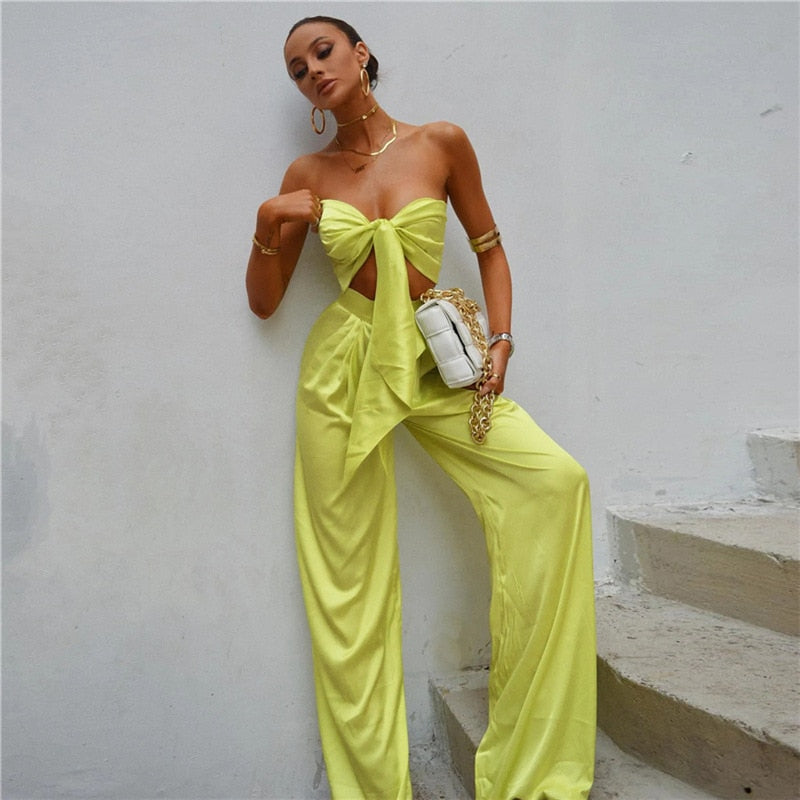 Strapless Tie Front Crop Top and Wide Leg Pants Set