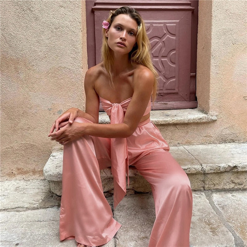 Strapless Tie Front Crop Top and Wide Leg Pants Set