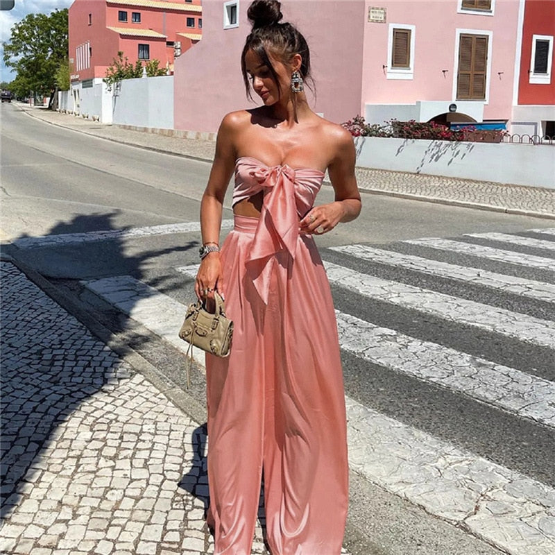 Strapless Tie Front Crop Top and Wide Leg Pants Set