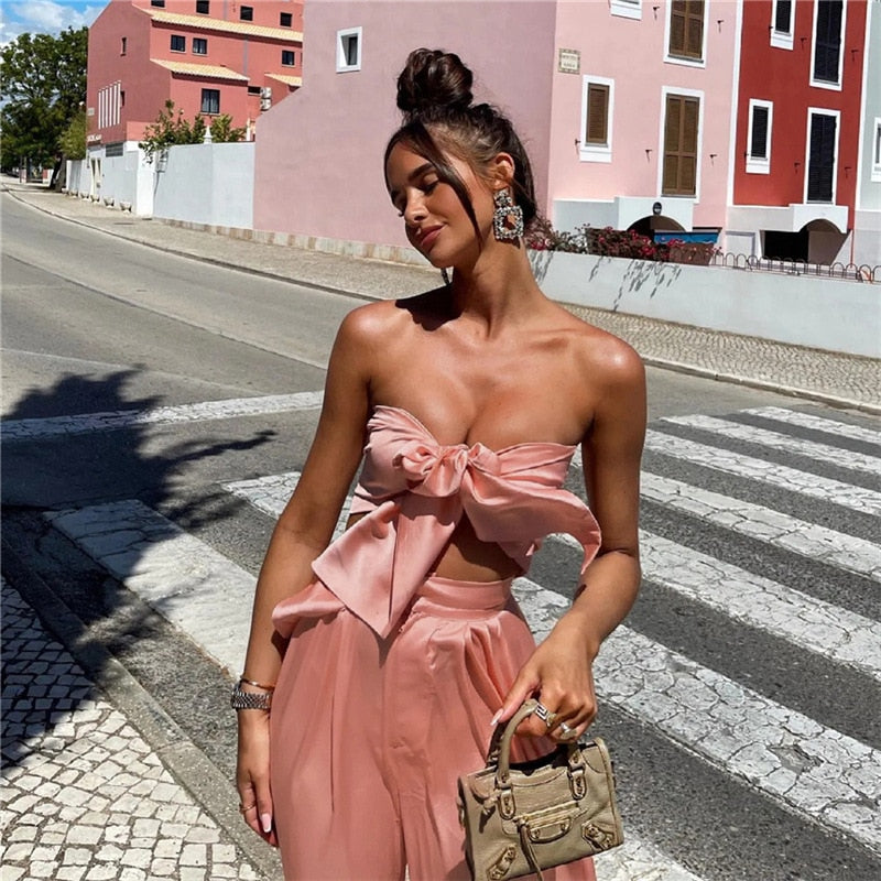 Strapless Tie Front Crop Top and Wide Leg Pants Set