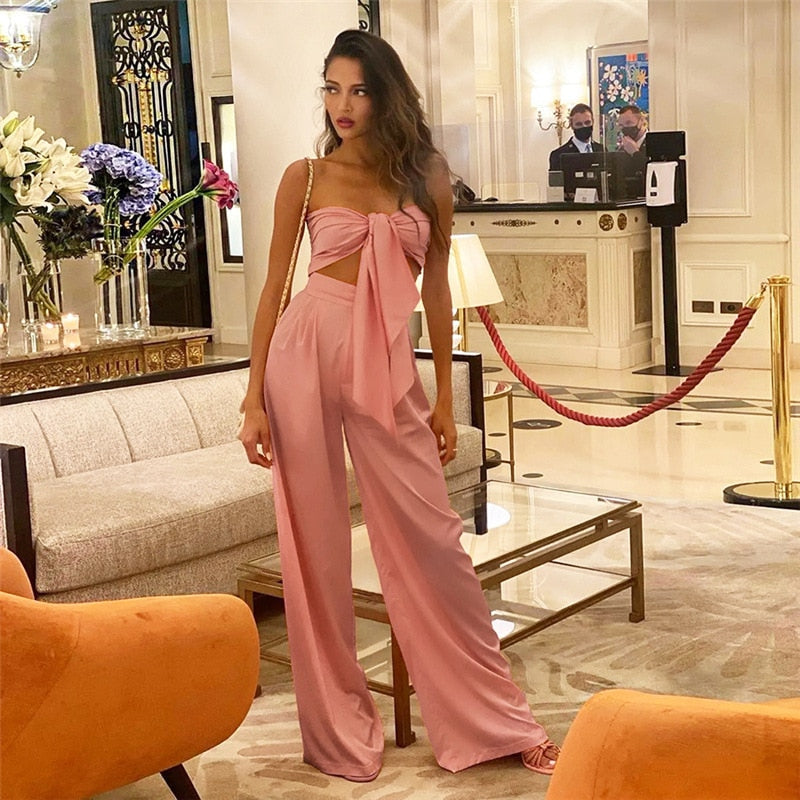 Strapless Tie Front Crop Top and Wide Leg Pants Set