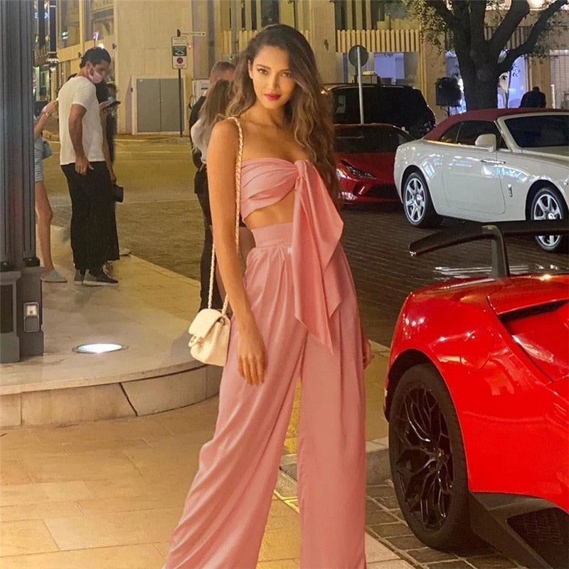 Strapless Tie Front Crop Top and Wide Leg Pants Set