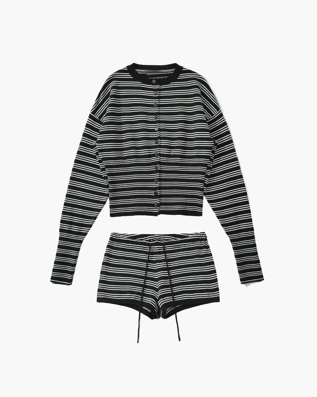 Striped Knit Button Cardigan and High Waist Shorts Set