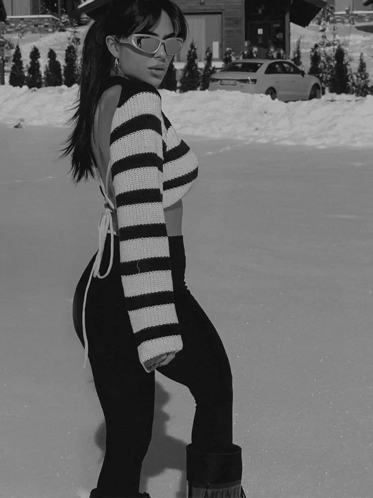 Striped Knit Long Sleeve Crop Top with Open Back