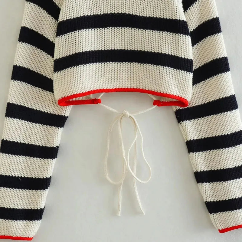 Striped Knit Long Sleeve Crop Top with Open Back