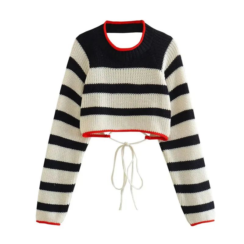 Striped Knit Long Sleeve Crop Top with Open Back