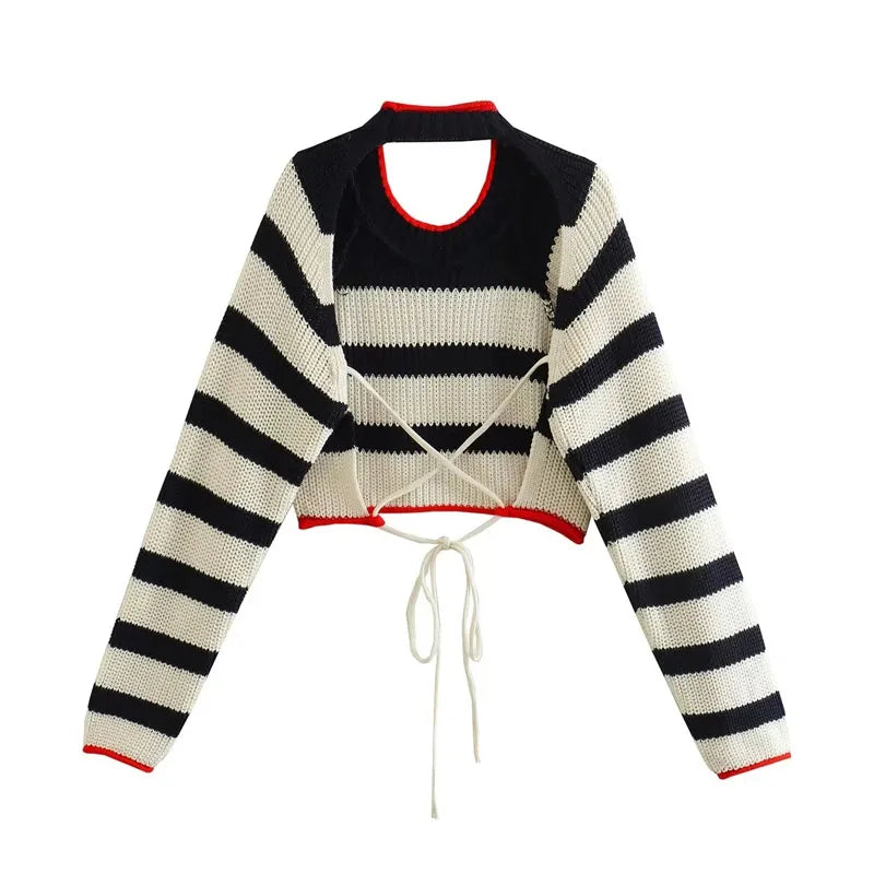 Striped Knit Long Sleeve Crop Top with Open Back