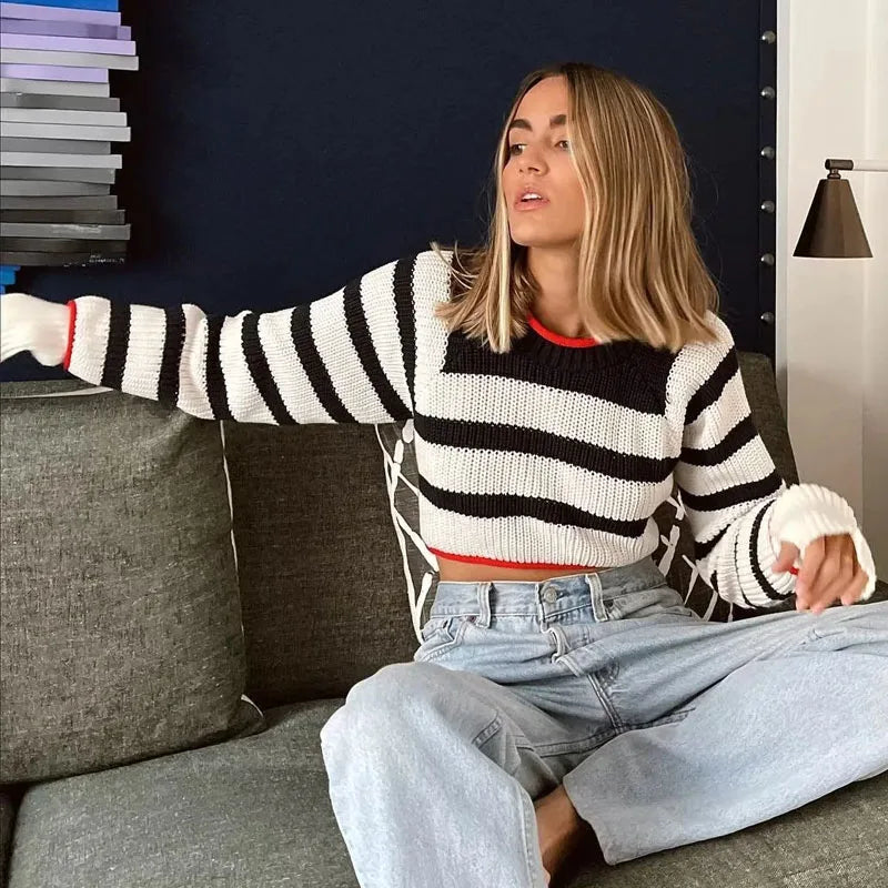 Striped Knit Long Sleeve Crop Top with Open Back