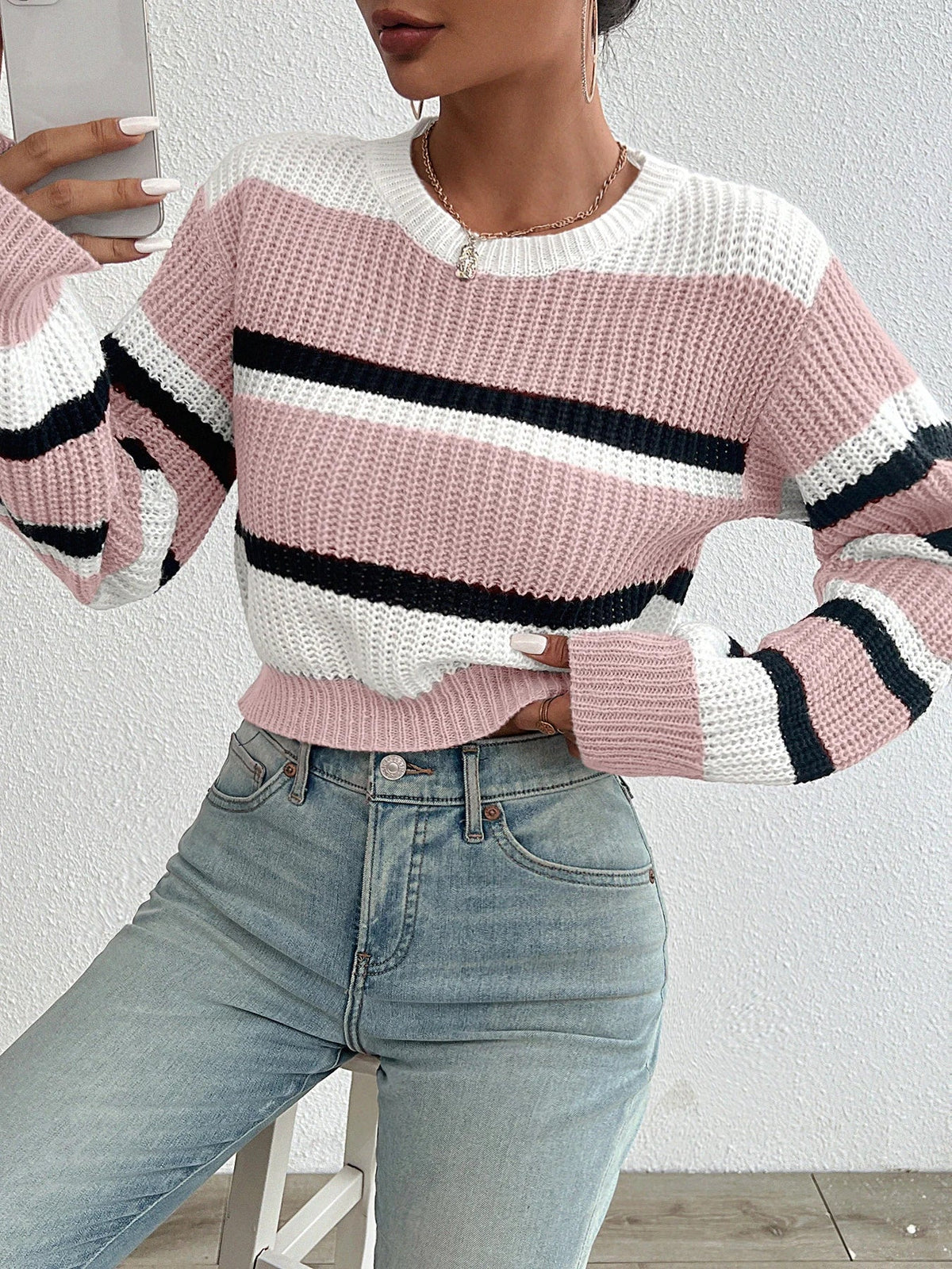 Striped Oversized Drop Shoulder Knit Sweater