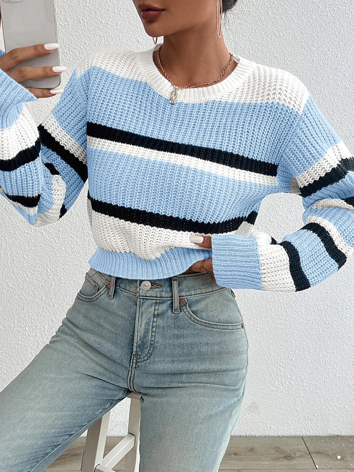 Striped Oversized Drop Shoulder Knit Sweater