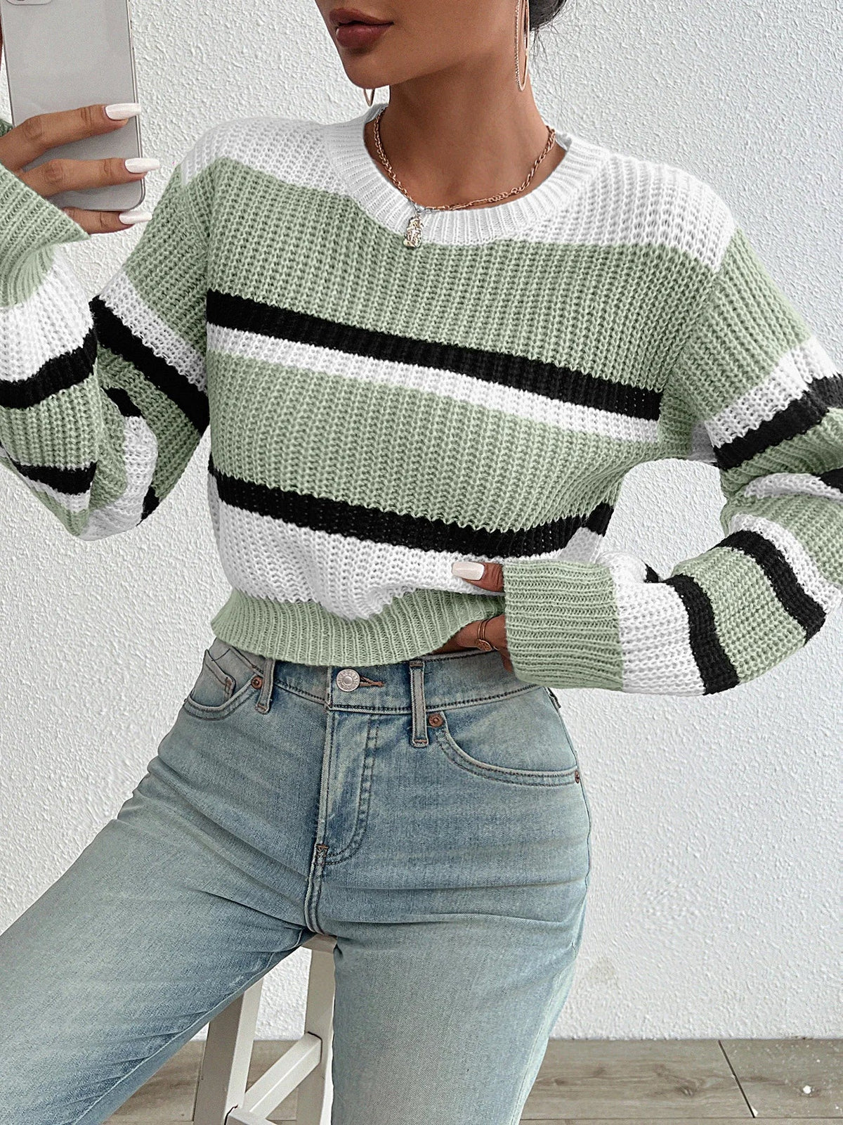 Striped Oversized Drop Shoulder Knit Sweater