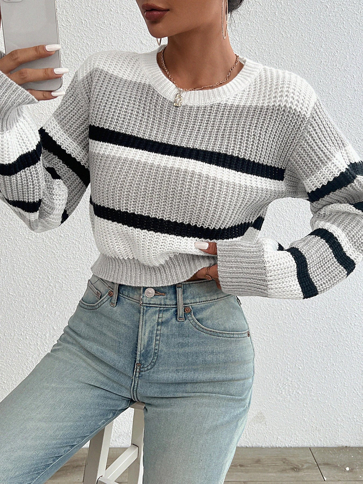 Striped Oversized Drop Shoulder Knit Sweater