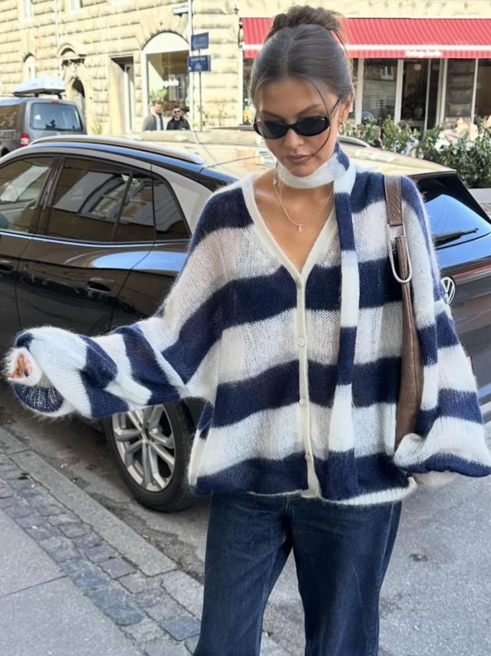 Striped Oversized Open Front Knit Cardigan