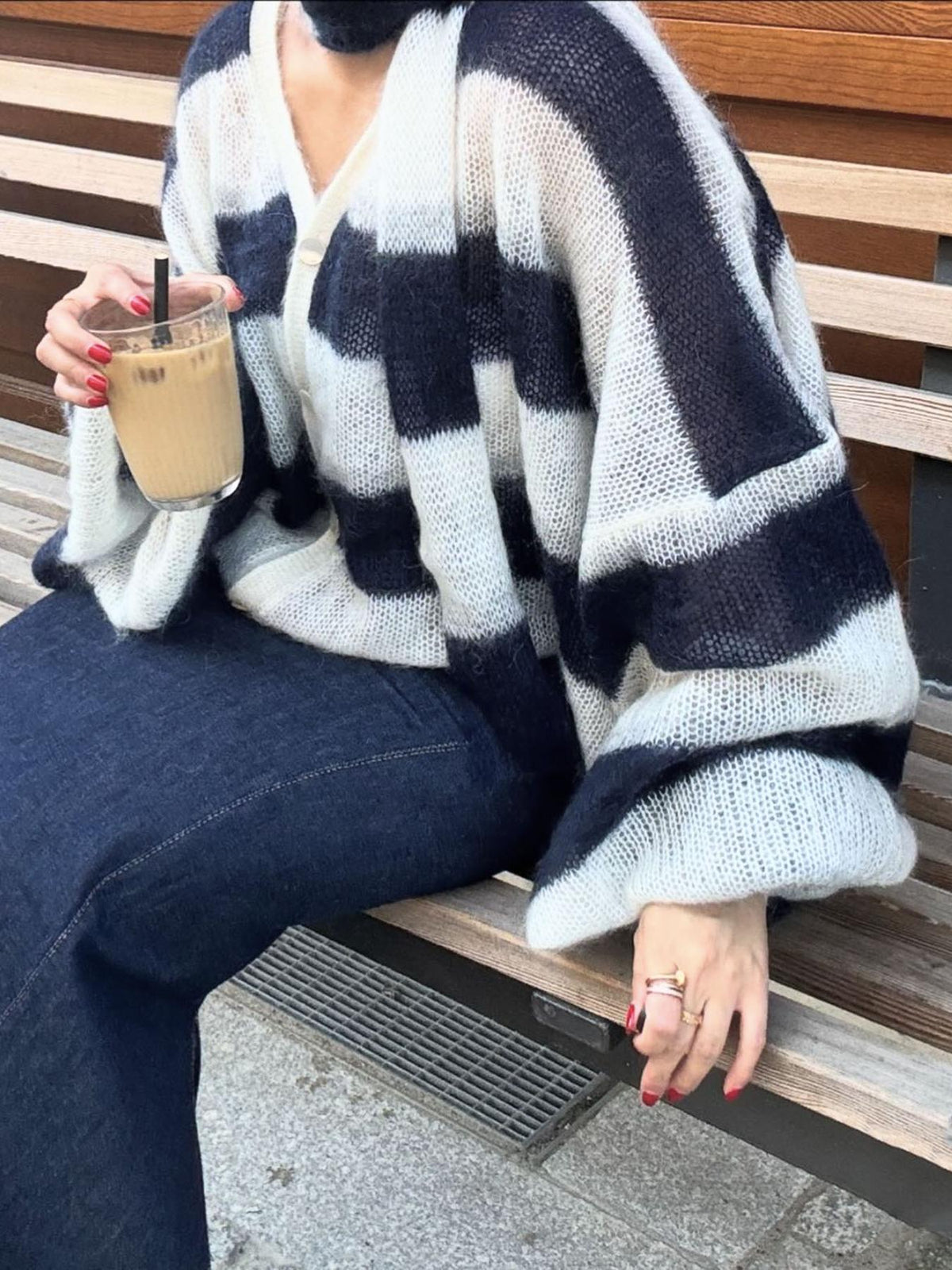 Striped Oversized Open Front Knit Cardigan