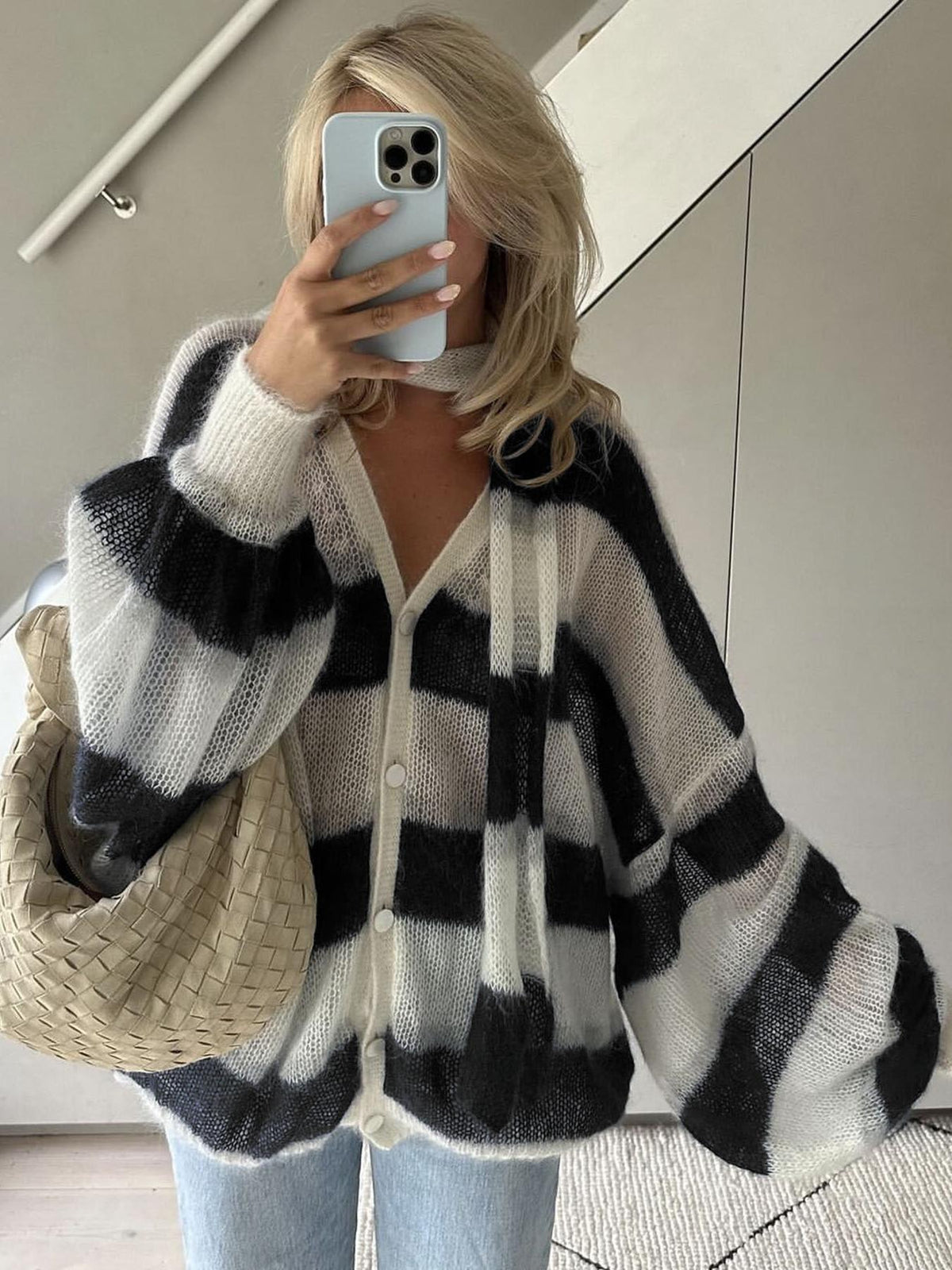 Striped Oversized Open Front Knit Cardigan