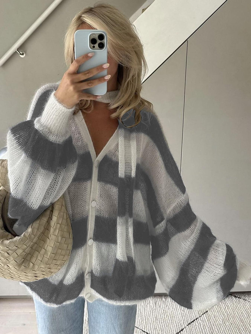 Striped Oversized Open Front Knit Cardigan