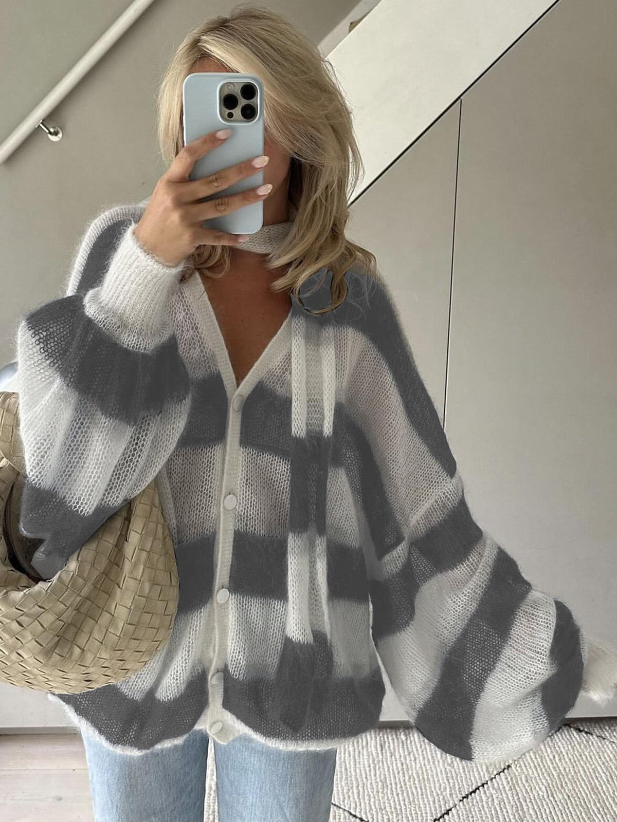 Striped Oversized Open Front Knit Cardigan