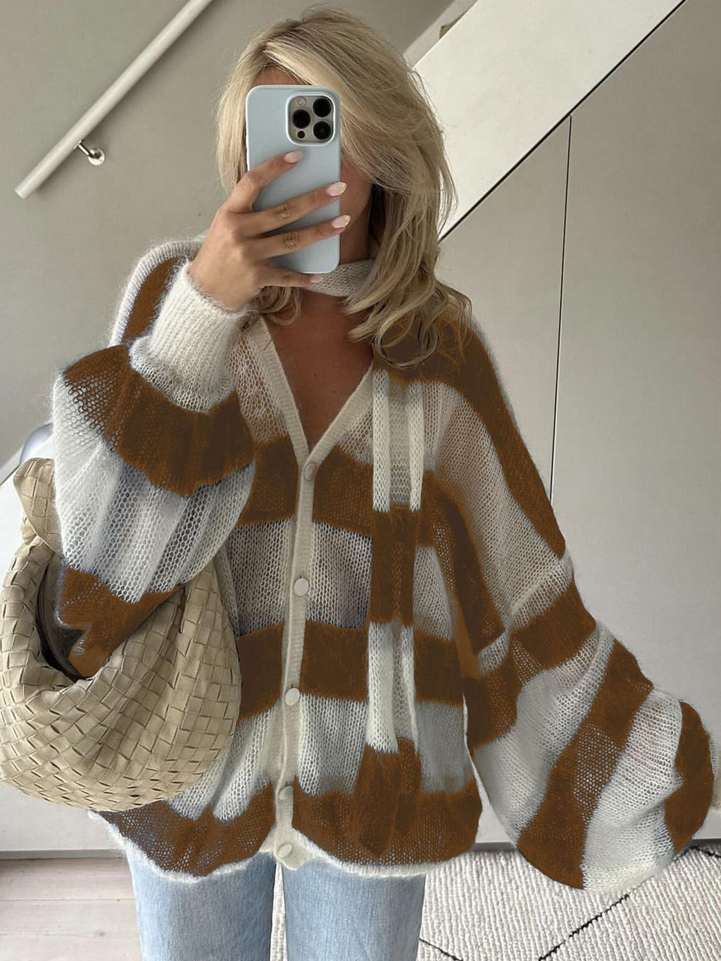 Striped Oversized Open Front Knit Cardigan