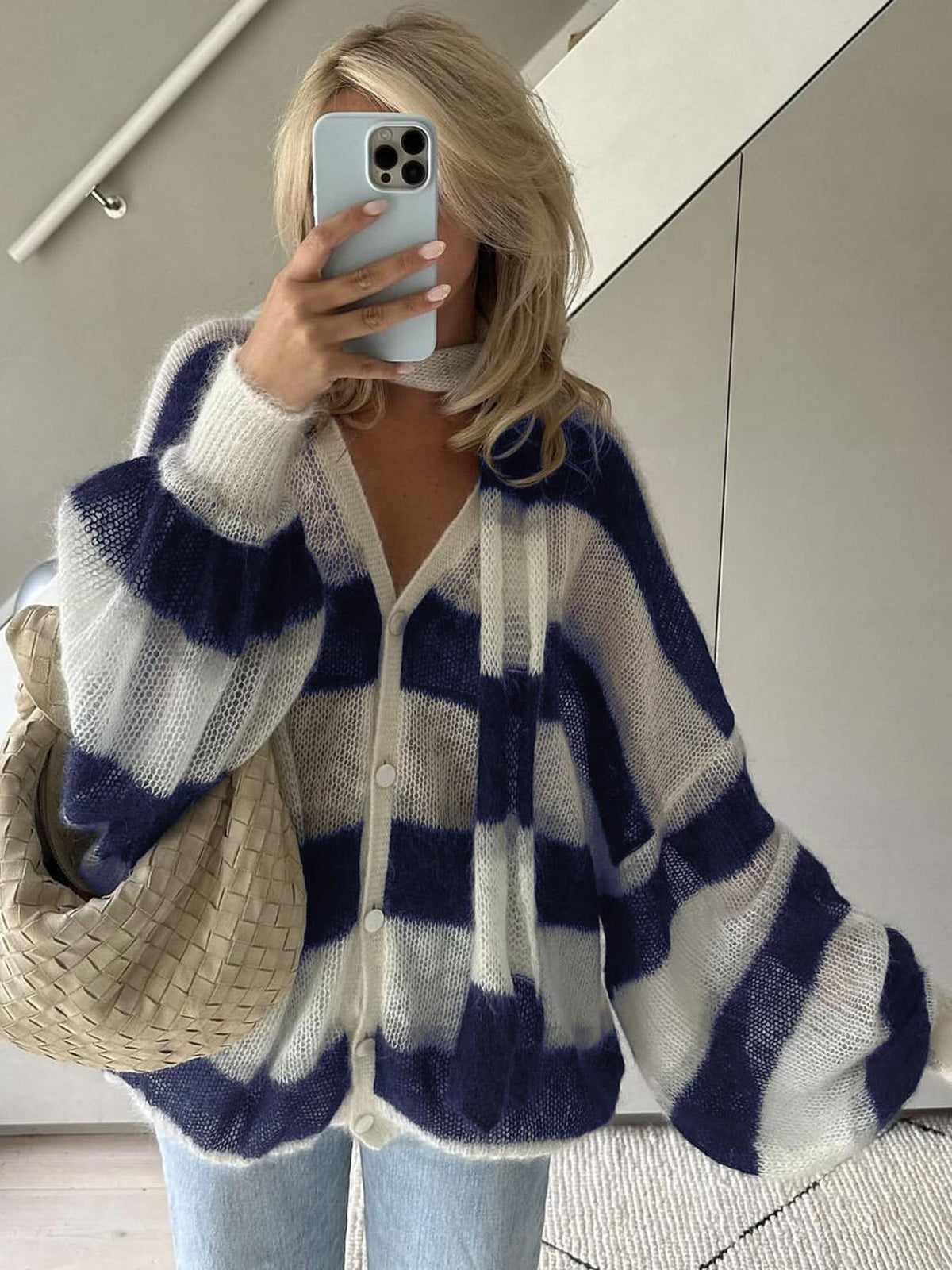 Striped Oversized Open Front Knit Cardigan