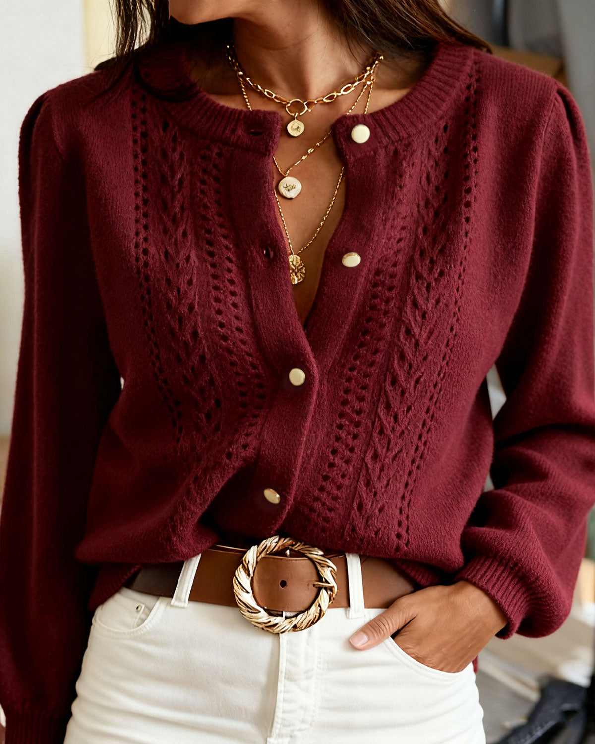 Textured Crew Neck Button Front Knit Cardigan