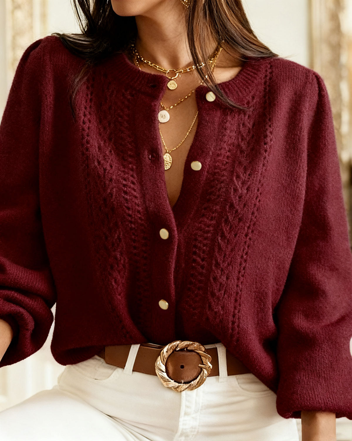 Textured Crew Neck Button Front Knit Cardigan