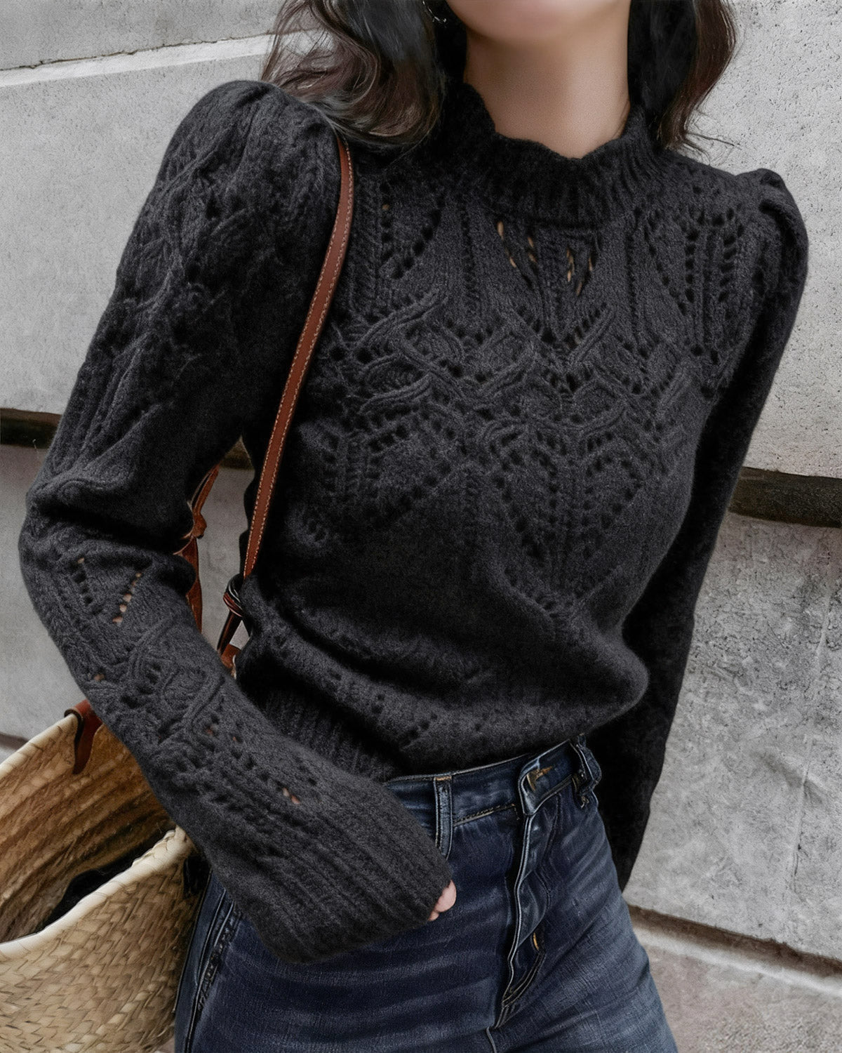Textured Crew Neck Knit Sweater with Cut-Out Detail