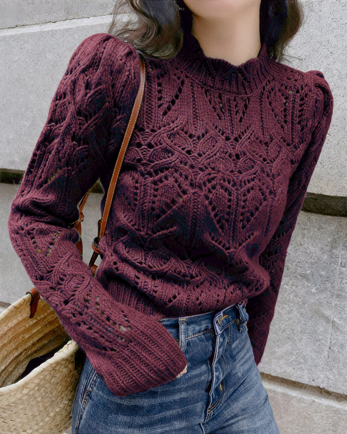 Textured Crew Neck Knit Sweater with Cut-Out Detail