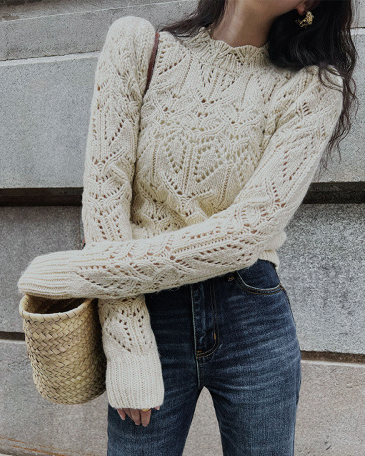 Textured Crew Neck Knit Sweater with Cut-Out Detail