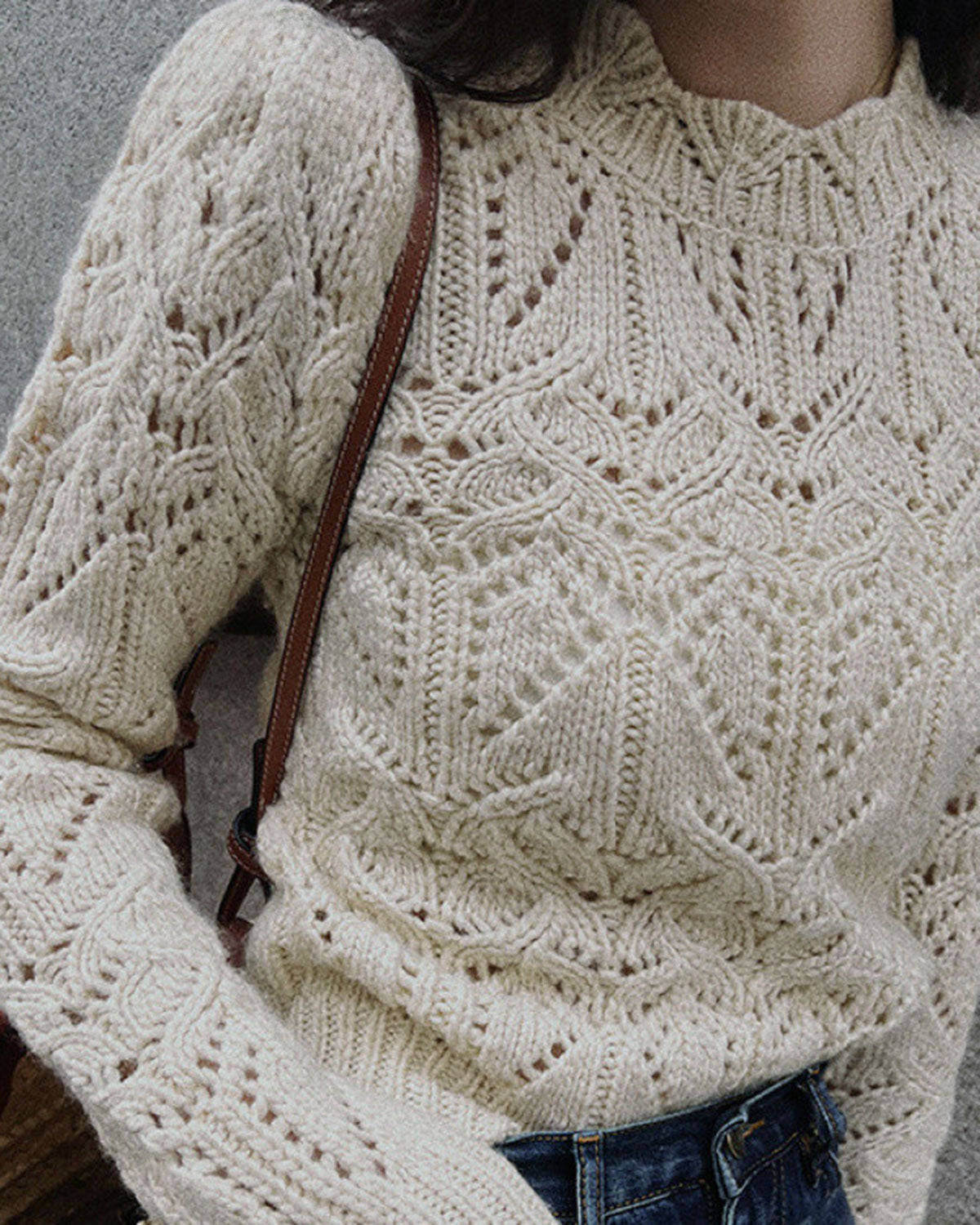 Textured Crew Neck Knit Sweater with Cut-Out Detail