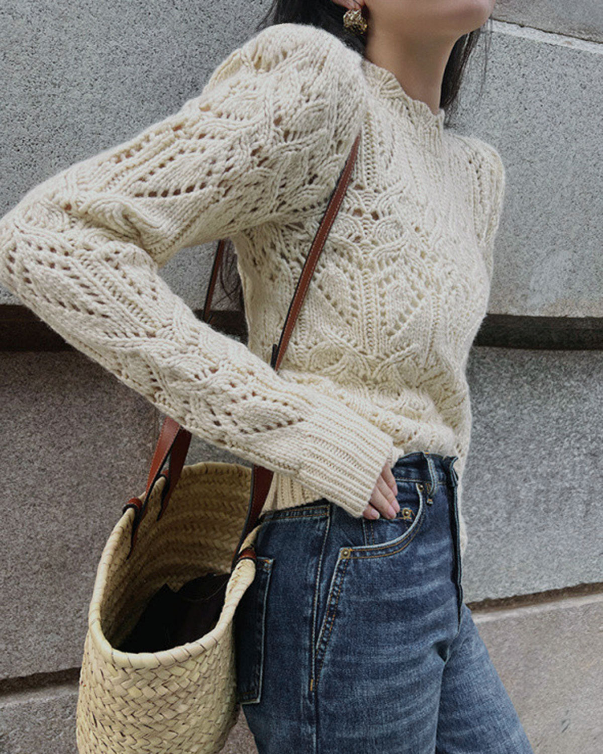 Textured Crew Neck Knit Sweater with Cut-Out Detail