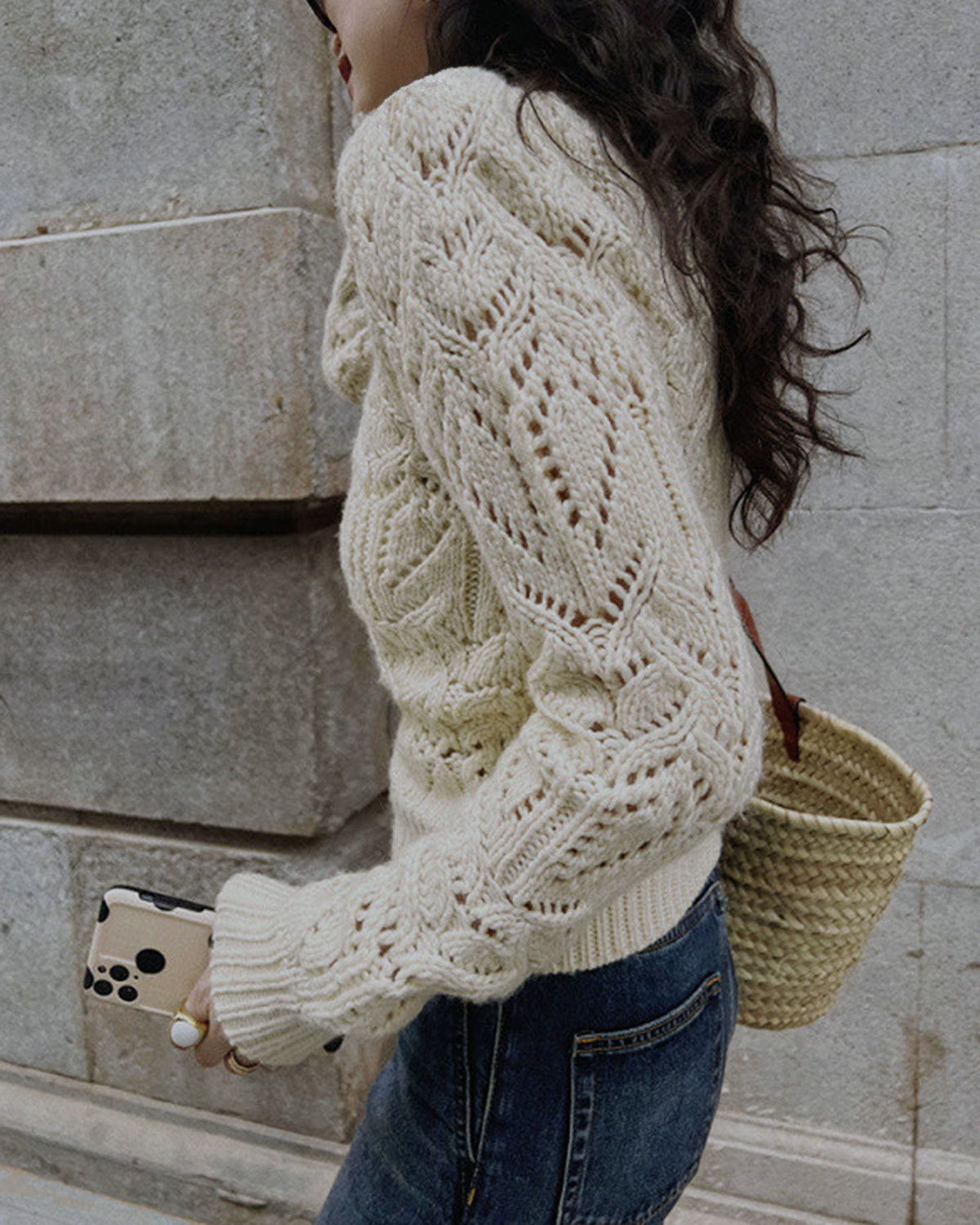 Textured Crew Neck Knit Sweater with Cut-Out Detail