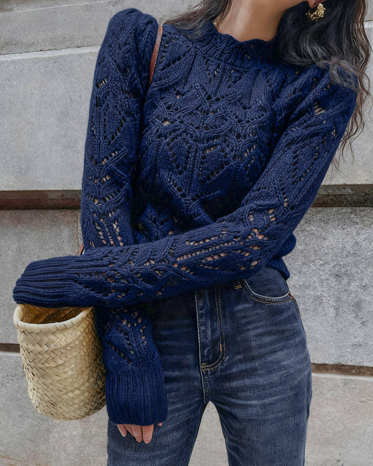 Textured Crew Neck Knit Sweater with Cut-Out Detail