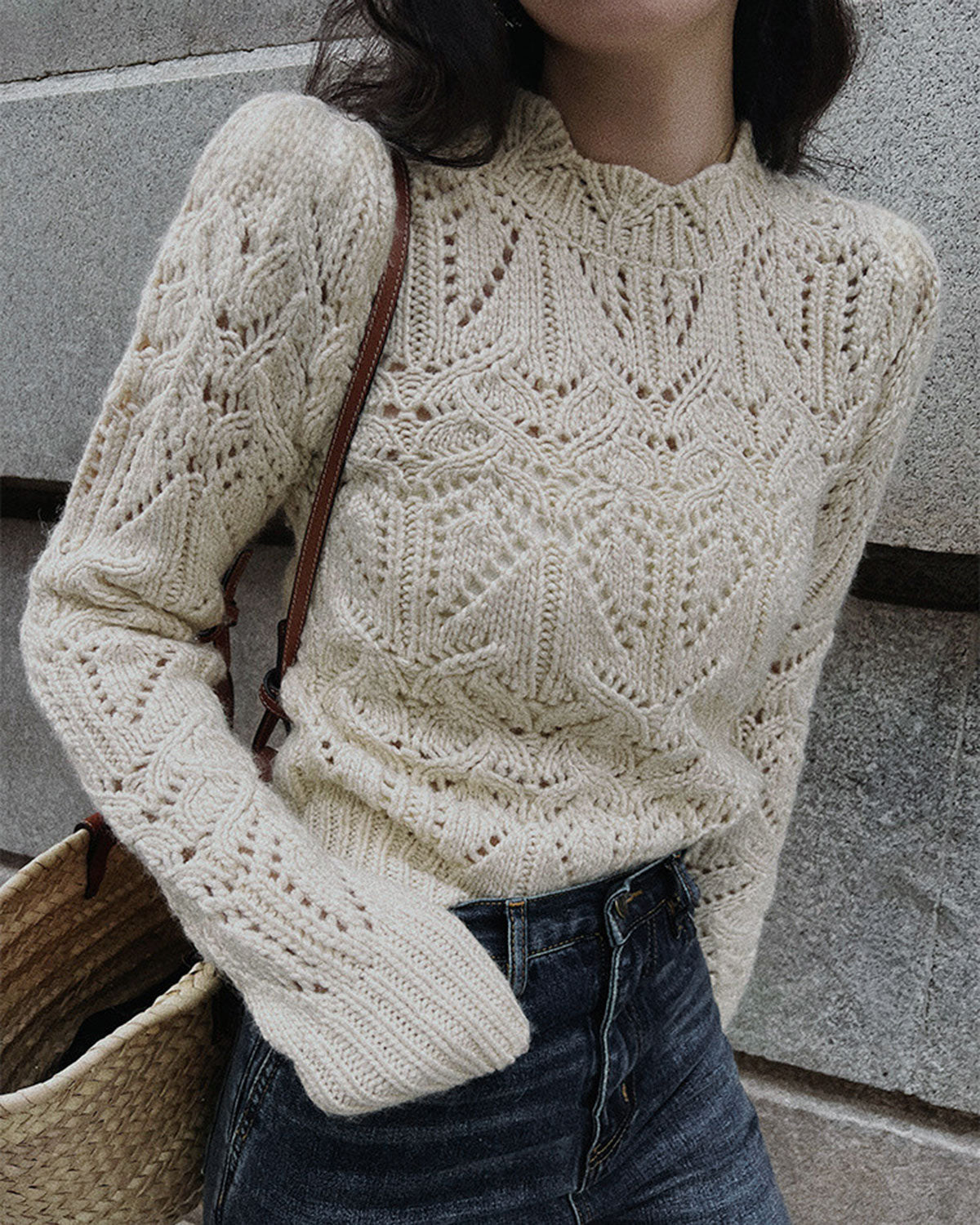 Textured Crew Neck Knit Sweater with Cut-Out Detail