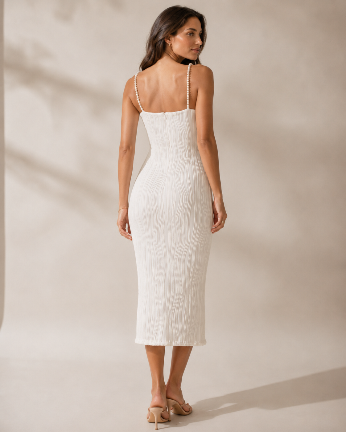 Textured Midi Dress with Pearl Straps