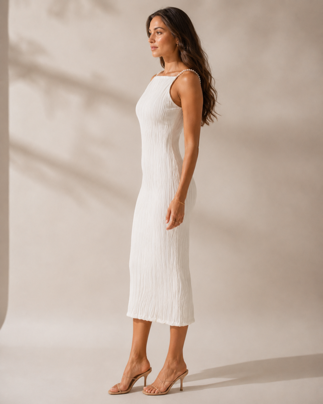 Textured Midi Dress with Pearl Straps
