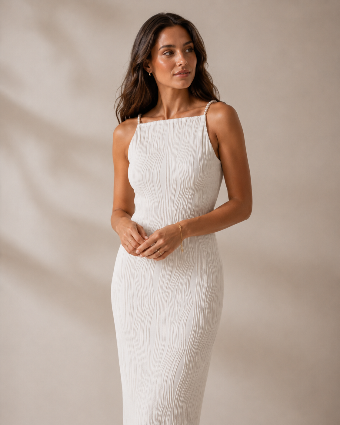 Textured Midi Dress with Pearl Straps