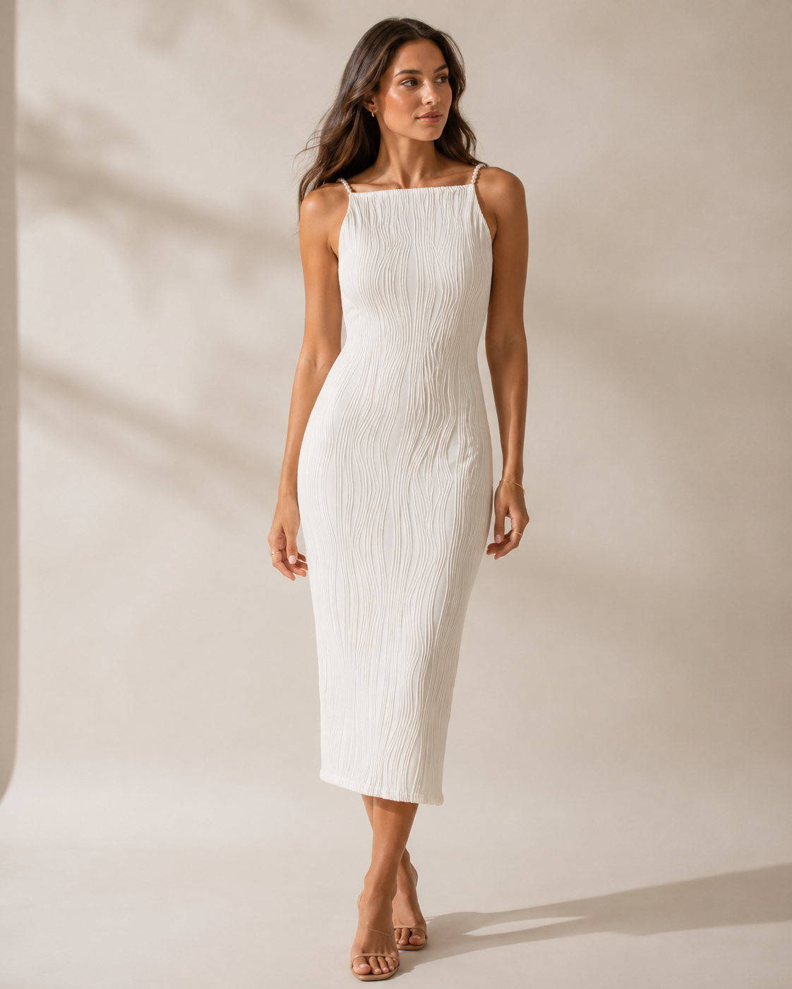 Textured Midi Dress with Pearl Straps