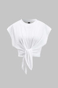 Tie Front Ruched Cotton T-Shirt