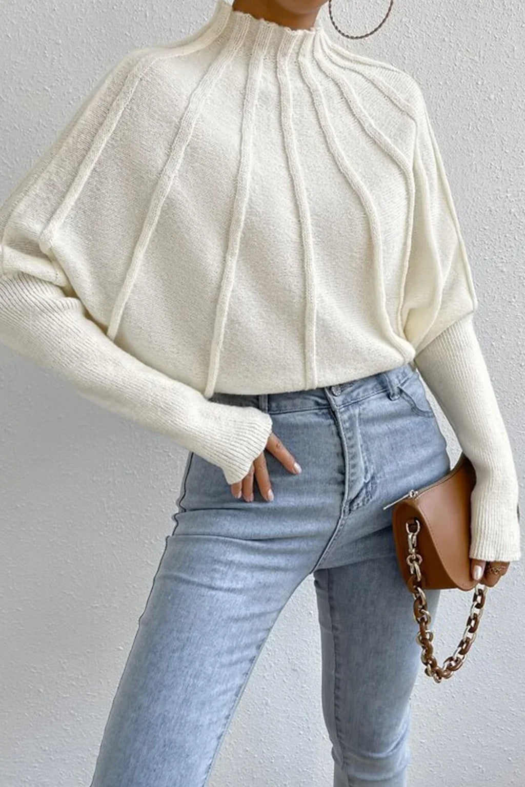 Turtleneck Batwing Sleeve Textured Knit Sweater