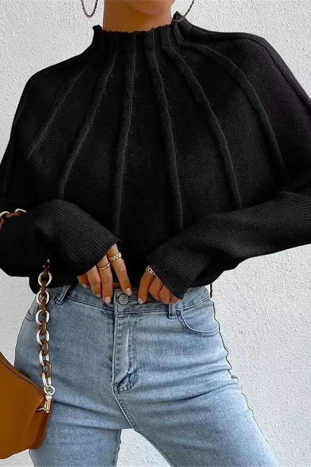 Turtleneck Batwing Sleeve Textured Knit Sweater