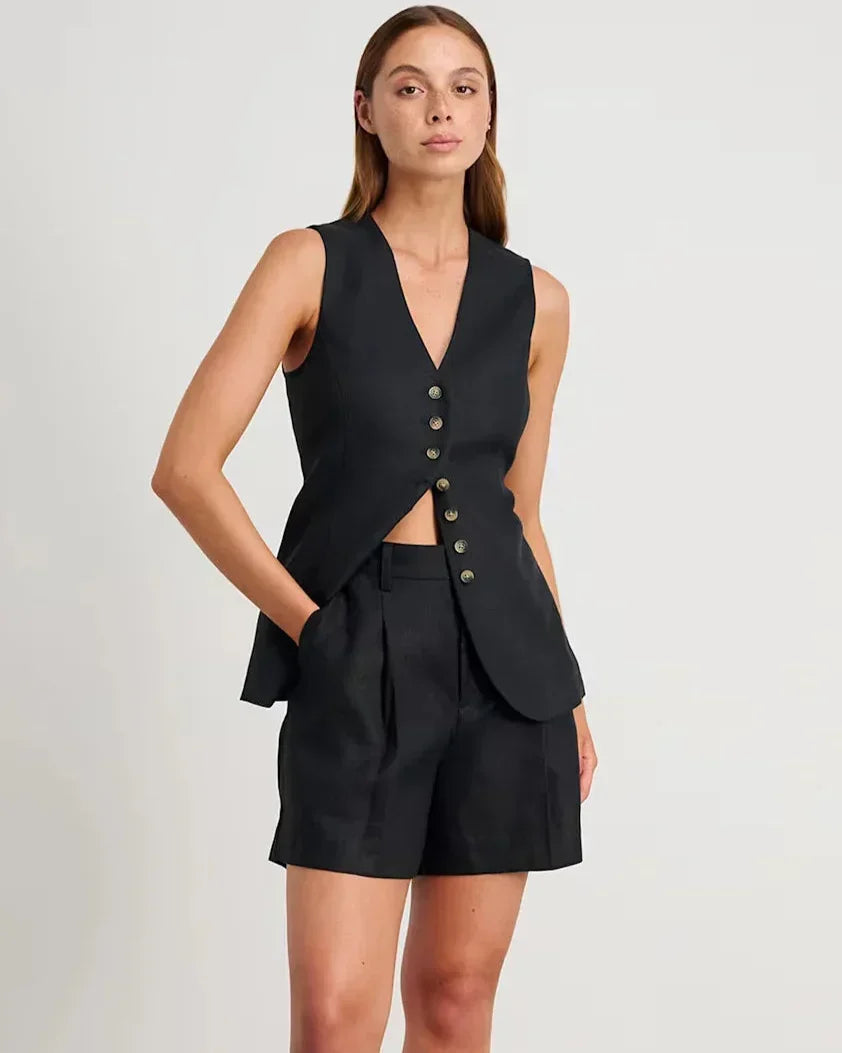 V-Neck Linen Blend Tank Top and Shorts Set