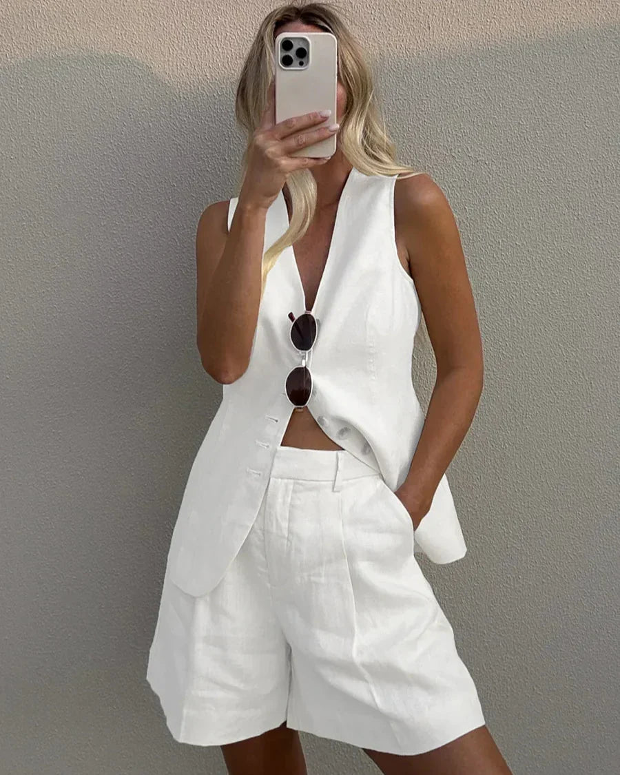 V-Neck Linen Blend Tank Top and Shorts Set