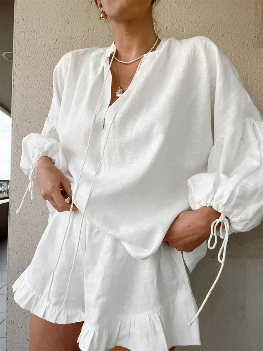 White Collared Button Up Shirt and Ruffle Shorts Set